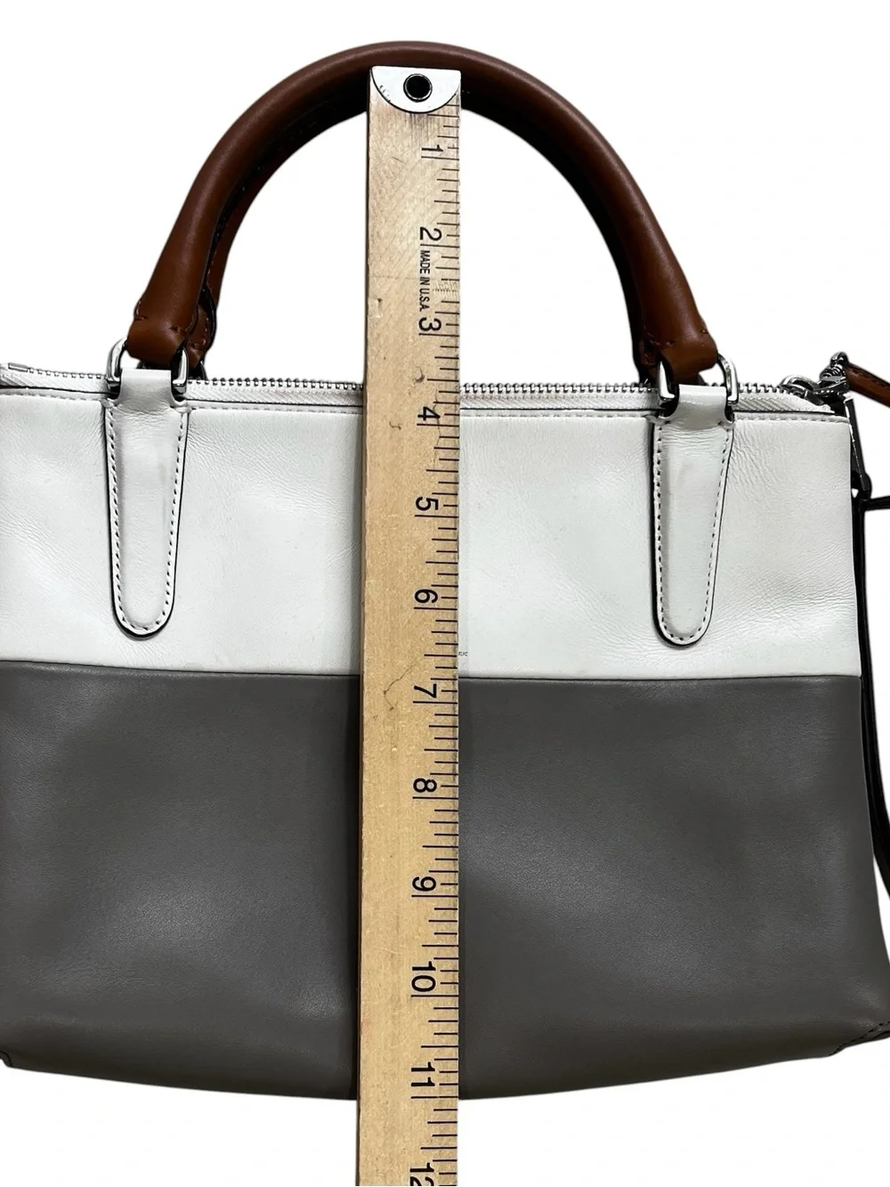 Coach Small Colorblock Leather Crossbody Satchel Gray White Tan Triple Zip Bag
